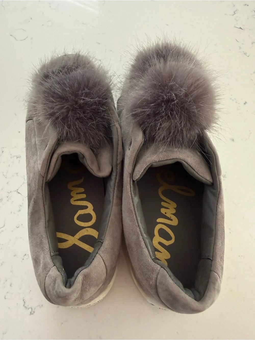 Sam Edelman Gray Faux Fur Pom Platform Slip-On Sneakers